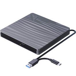 Зовнішній DVD-привід USB 3.0 та Type-C, портативний CD/DVD+/-RW записувач для ноутбука, ПК, MacBook, Windows, MacOS, Linux (Сірий)