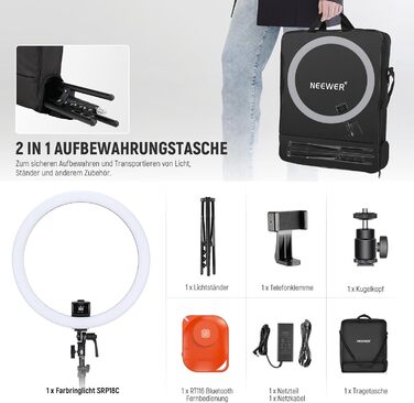 NEEWER кільцева лампа 20 дюймів LED з триподом та тримачем для телефону, 44 Вт 3200K-5600K з акумулятором, USB, для макіяжу, тату, вій, YouTube, TikTok, відеозйомки (SRP18C)