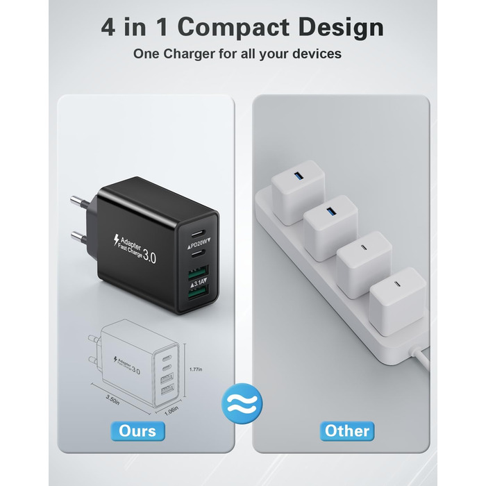 Мережевий адаптер USB C, 40W, 4 порти, швидка зарядка, універсальний зарядний пристрій для iPhone, iPad, Samsung та інших телефонів, білий/чорний (2 шт.)