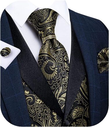 Костюмний жилет DiBanGu (5 шт.): жилет, краватка, нагрудна хустинка, запонки, кільце для краватки. Зелений/Чорний (L, Золото/Чорний)