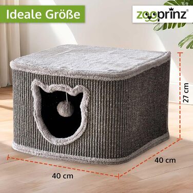 Преміум котячий будиночок Zooprinz – котячий кошик для кота – з товстими сизалевими стінами – печеринка з м'яким плюшем та іграшкою – котячий будиночок у скандинавському стилі (сірий)