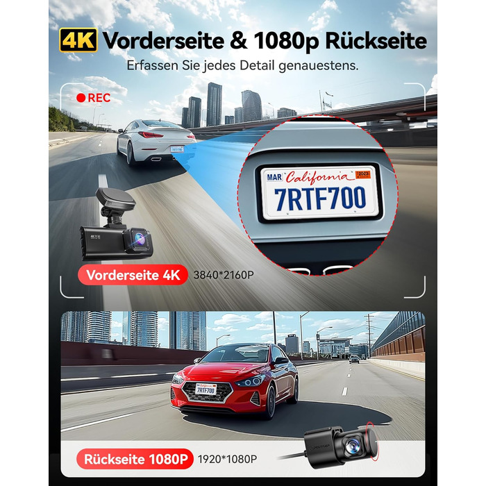 Відеореєстратор REDTIGER F7N Pro 4K, Dual (перед + зад), STARVIS, 64GB, WiFi, GPS, IPS 3.18