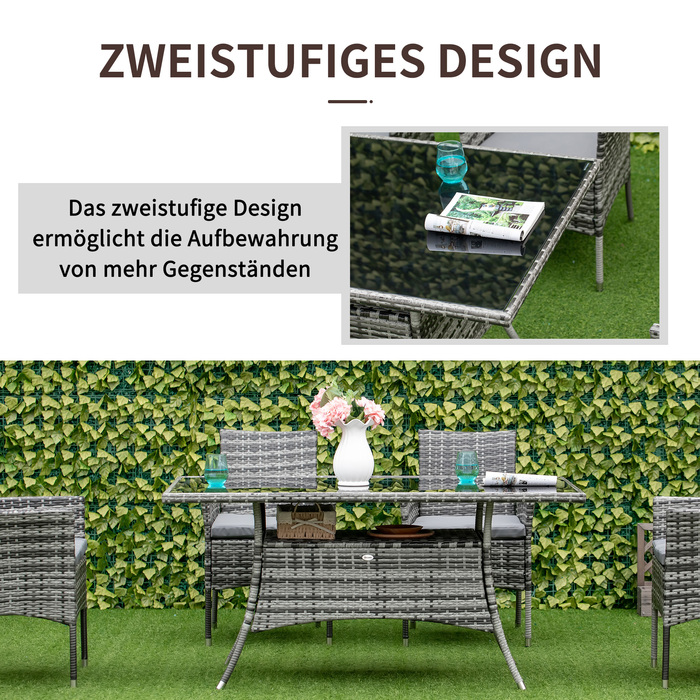 Столовий набір Outsunny з ротангу Polyrattan, скляний стіл 150x85x74 см із захисним склом сірого та чорного кольорів для саду, балкону, тераси