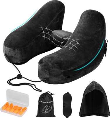 Подушка для шиї у вигляді літака, надувна туристична подушка для подорожей, авто, офісу (чорна)