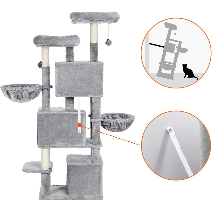 Драбина для котів Feandrea з 3 будиночками, 164 см, сірий колір (164H x 55W x 40D см)