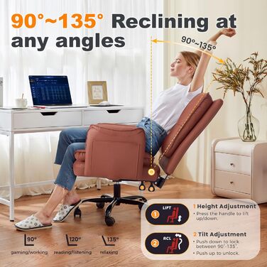 Офісний крісло IWMH з PU шкіри, ергономічний, регульований, з підлокітниками та реклінером 90-135° (колір: коричневий)