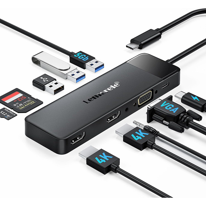 Док-станція Lemorele USB C з хабом 11 в 1: 2*HDMI (4K), 3*USB 3.0/2.0, VGA, PD 100W, SD/TF, для Windows, MacBook, Dell, HP, Lenovo, Surface