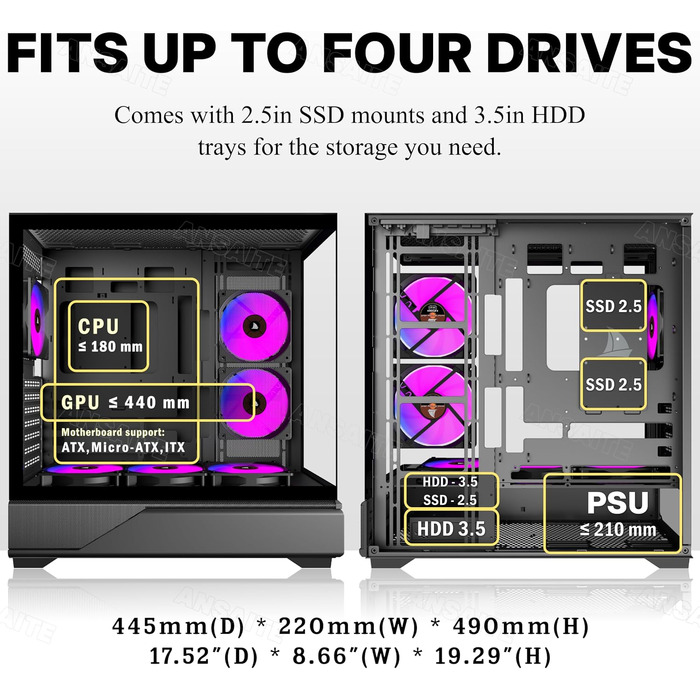 Ігровий корпус для ПК ANSAITE ATX Mid-Tower, 6 ARGB PWM вентиляторів, панорамне загартоване скло, USB Type-C, підтримка радіатора 360мм, чорний/фіолетовий