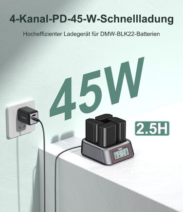 Зарядний пристрій King Ma для акумуляторів камер, 4-канальний, 45W PD, LED-дисплей, сумісний з Sony A7III/A7IV/A7RIII/A7RV/A7C/A7CII/A6700/A9/A9III/A1/ZV-E1/FX3/FX30 (DMW-BLK22)