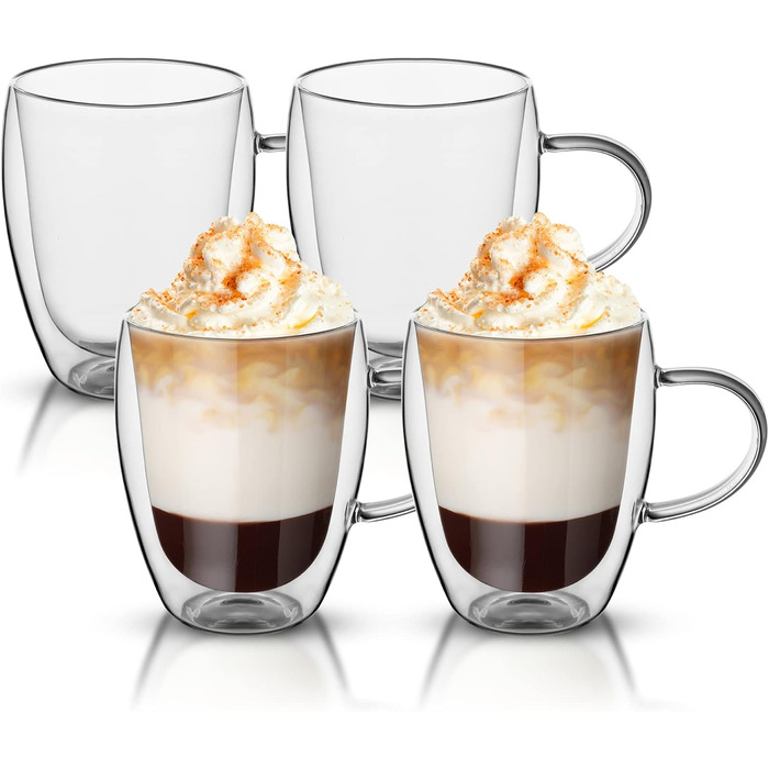 Набір 4 склянки для кави з подвійними стінками, 350 мл, з ручкою, з боросилікатного скла, для лате макіато, капучино, молока, чаю