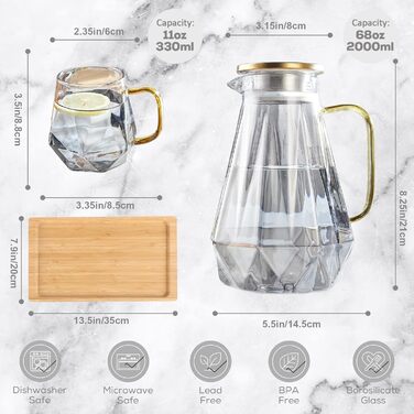 DUJUST Glass Giraffe Decanter with Lid, 2 Liter, with 4 Cups, 1 Tray, Water Pitcher in Modern Black Diamond Design, Decoration for the Living Room, Heat-Resistant Glass Carafe Pitcher for Iced Tea/Milk/Coffee