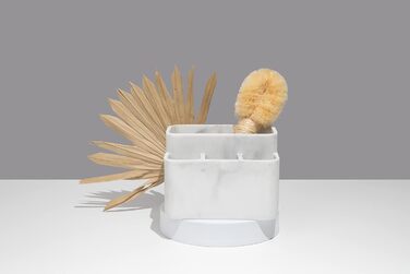 White marble toothbrush holder and bathroom organizer – keeps your bathroom counter organized and stylish.
