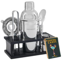 Набір для коктейлів Mixology & Craft (8 предметів): шейкер із нержавіючої сталі та аксесуари для бару в чорній дерев'яній підставці, подарунковий сет із рецептами, сріблясто-чорний