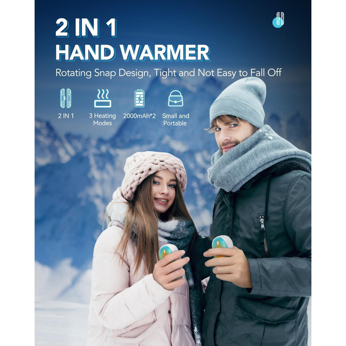 Електричні грілки для рук Cnkeeo, 2 шт. з роздільним магнітним з'єднанням, Powerbank USB, 3 режими нагріву, для активного відпочинку, риболовлі, полювання, чорно-білі (блакитні)