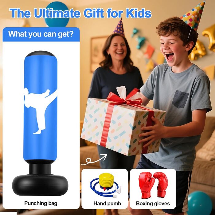 Дитячий боксерський мішок 160 см з рукавичками та насосом, надувний, для занять карате та тхеквондо, ідеальний подарунок для дітей від 6 років (Блакитний)