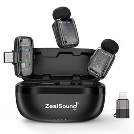 Мікрофон ZealSound M6 бездротовий для iPhone, Android, iPad: USB-C/Lightning, шумозаглушення, 33 години роботи, 100м, для Vlogging, TikTok, Podcast, YouTube, чорний/прозорий
