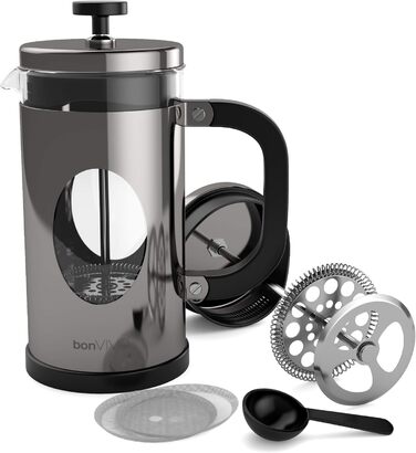 bonVIVO GAZETARO French Press - кавоварка френч-прес з нержавіючої сталі, скляна колба, 8 чашок (срібло)