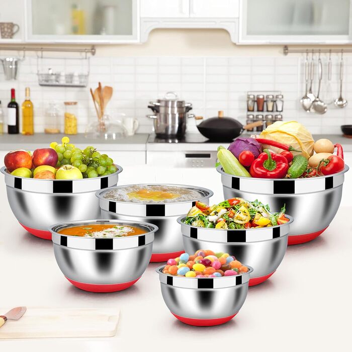 Homikit Mixing Bowls, 6-Piece Stainless Steel Bowl Salad Bowl Set with Airtight Lid & Silicone Bottom, Nesting, Dishwasher Safe, 4.6 L / 2.8 L / 2.5 L / 1.6 L / 1.2 L / 0.7 L, Red