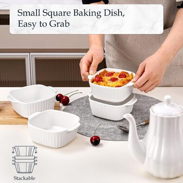 Набір форм для запікання NUTRIUPS 400мл (4 шт.) з кераміки, 14.5 x 11.5 x 5.5 см, квадратні, з ручками, для духовки та мікрохвильовки (білі)