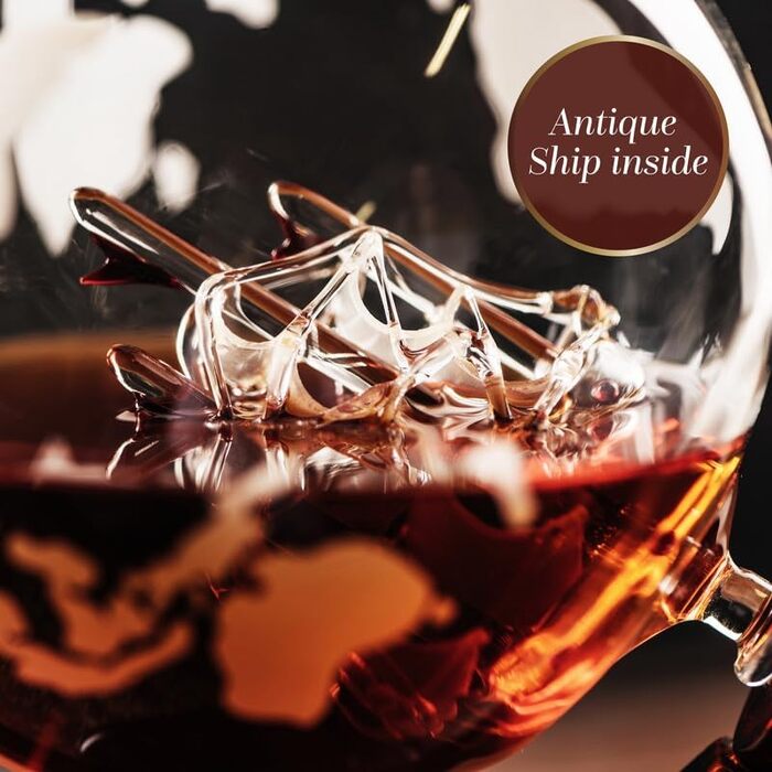 Whisky Decanter Globe for Alcohol - Whiskey Decanter Bar Set with Glasses, Wooden Stand, and World Map - Gifts for Men and Women - Glass Bottle Accessories for Gin, Rum, Scotch, Liqueur, Bourbon, Vodka