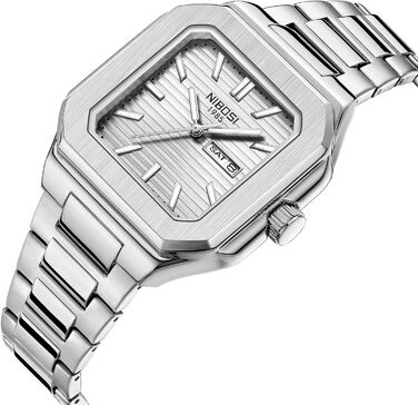 Годинник чоловічий NIBOSI: кварцовий годинник з нержавіючої сталі, мілітарний стиль, квадратний корпус, водостійкий, білий циферблат, для бізнесу та повсякденного носіння