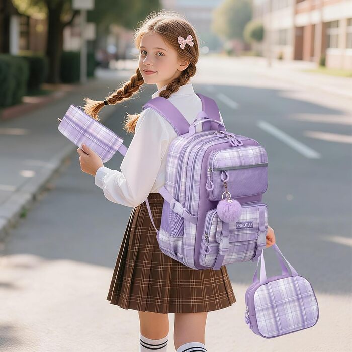 Рюкзак KEBEIXUAN для дівчаток, шкільна сумка 1-5 клас, дихаючий рюкзак з помпоном, фіолетовий + ланч-бокс + пенал
