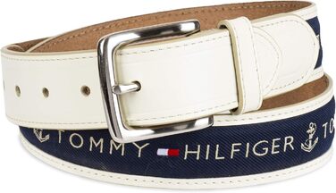 Чоловічий шкіряний ремінь Tommy Hilfiger з вставкою з тканини та класичною пряжкою (1 шт., 30 мм, кремовий з синьою вставкою)