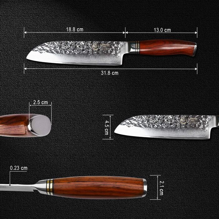 Кухонний ніж Santoku YARENH 18 см з дамаської сталі 73 шари, гострий, дерев'яна ручка, серія HTT