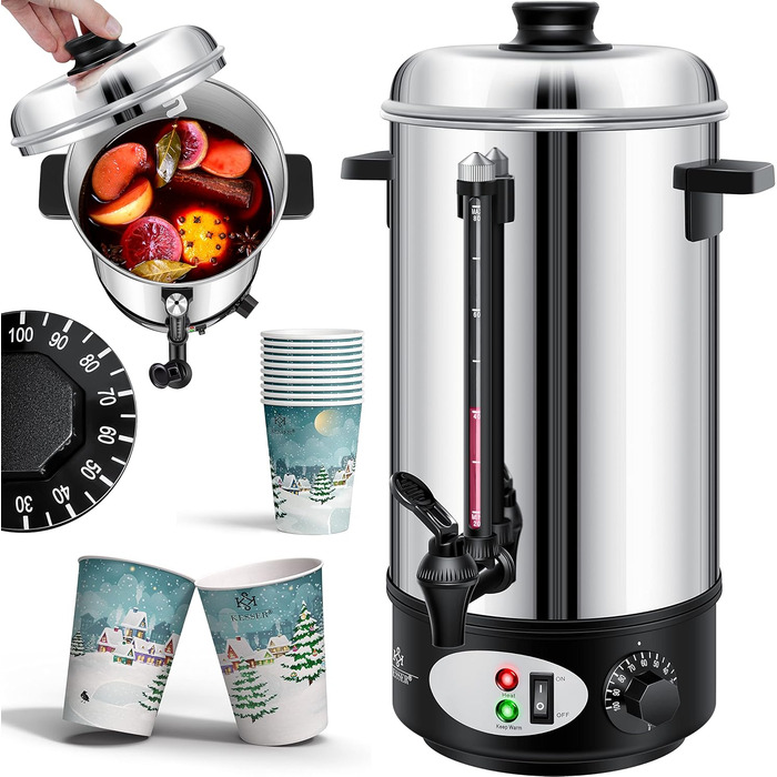 KESSER® Mulled Wine Boiler 8L Stainless Steel Incl. 10x Cups Mulled Wine Cooker with Thermostat Mulled Wine Dispenser Hot Beverage Dispenser Water Boiler Hot Water Dispenser Canning Machine Level Indicator Tap Black (20 Liter / Silver)