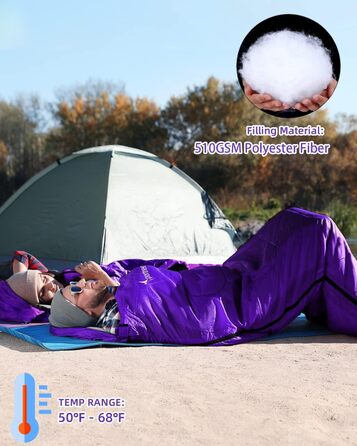 Спальний мішок Outdoor Sportneer для дорослих та дітей - легкий, портативний, для кемпінгу, походів, рюкзаків, 220x75см, фіолетовий