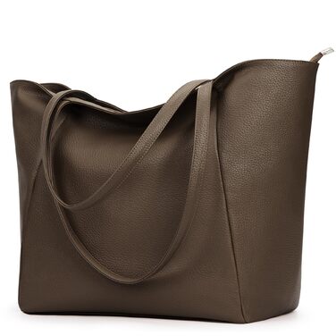 Сумка жіноча KALIDI шопер велика зі шкірозамінника (PU шкіра) коричнева для роботи, покупок, навчання з блискавкою