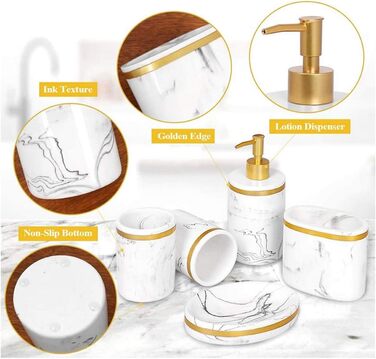 Набір аксесуарів для ванної кімнати 5 шт. з імітацією мармуру (білий + золото/чорний), включає: дозатор мила, стакан для зубної щітки, мильниця, тримач для зубних щіток, набір для ванної кімнати