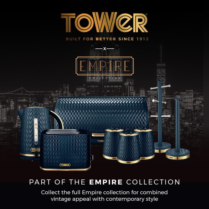 Хлібниця Tower Empire з кришкою-роликом, нержавіюча сталь та латунь, синій колір Midnight Blue