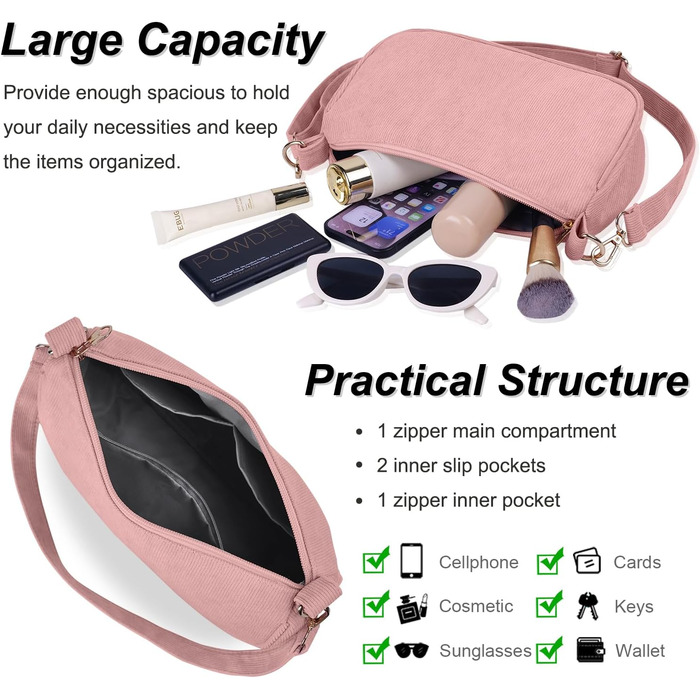 Сумка жіноча FITDON через плече міні Cord Hobo Bag Y2K рожева з 3 ремінцями