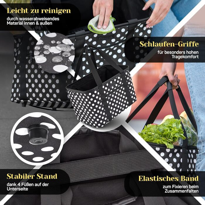 Foldable Shopping Basket in Premium Quality | Shopping Bag with Soft PU Leather Handle | Ideal Shopping Basket with 30 Liter Capacity | Sturdy & Secure Shopping Bag (Black/White Dotted)