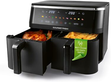 Фритюрниця повітряна GOURMETmaxx з 2 камерами, 10 літрів, 4 рівні, сенсорне скло, економія місця, чорний колір
