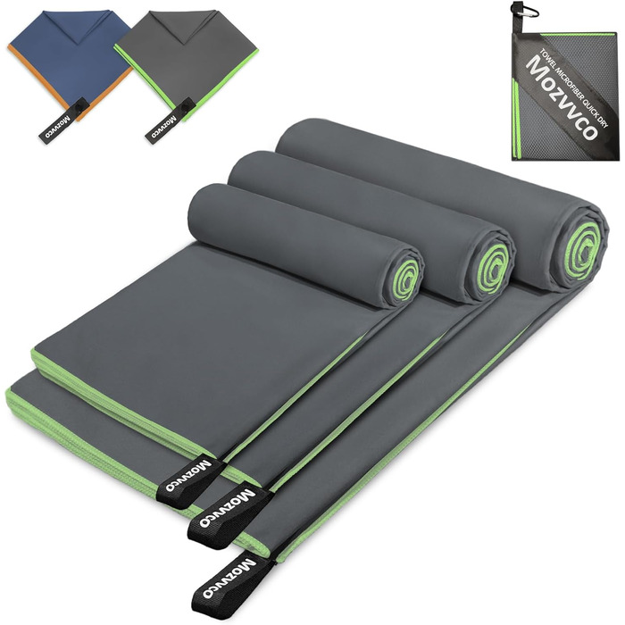 Набір рушників з мікрофібри: великий (180x80 см), спортивний (100x50 см), пляжний (80x40 см). Колір: темно-сірий та зелений