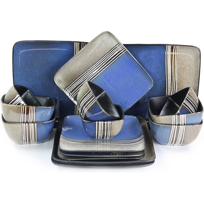 Набір посуду Elama Loft Collection: 16 предметів, стегонна кераміка, квадратна форма, червоний та світло-коричневий з білими акцентами