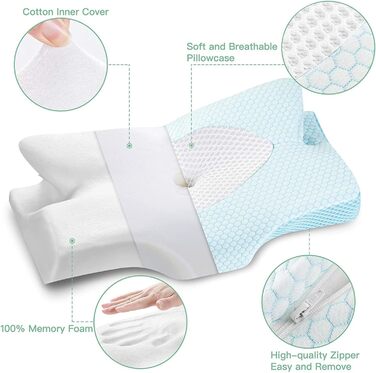 Elviros Orthopedic Memory Foam Pillow, Side Sleeper Pillow Neck Support Pillow, Head Pillow Neck Pain, Ergonomic Sleeping Pillow for Neck and Shoulder Pain, 53.8x11/9x33cm, Blue Blue 54 x 11/9 x 33 cm