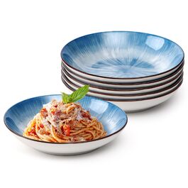 Тарілки для пасти NUTRIUPS 20.5 см, 6 шт. Керамічні тарілки для супу 500 мл, 8 дюймів, мікрохвильова та посудомийна машини, блакитні, набір