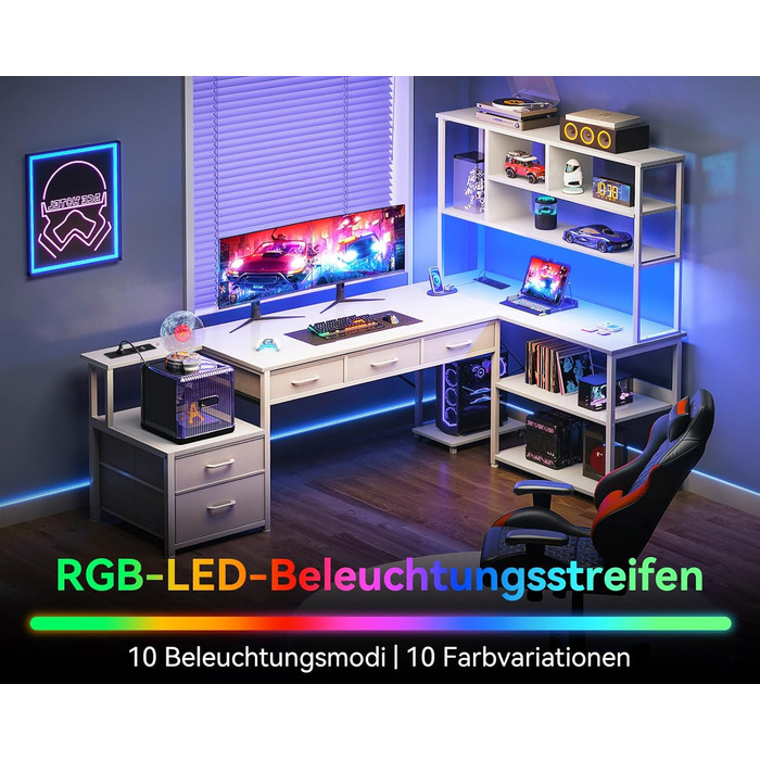 Комп'ютерний стіл Coleshome L-подібний з 5 шухлядами та 4 полицями, 180×100 см, з LED-підсвічуванням, розетками та USB, для дому/офісу, білий