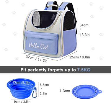 Рюкзак для тварин з сіткою, складаний рюкзак для кота/собаки з мискою для подорожей, водонепроникний оксфорд, до 15 кг, блакитний