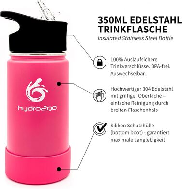 Stainless Steel Kids' Water Bottle - BPA-Free Thermos Flask with 2 Leak-Proof Caps (Straw & Sports) - 350ml (Pure Pink)