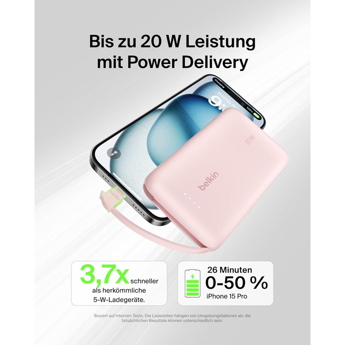 Повербанк Belkin BoostCharge 10000mAh з вбудованим кабелем USB-C, 20W, LED-індикатором, рожевий