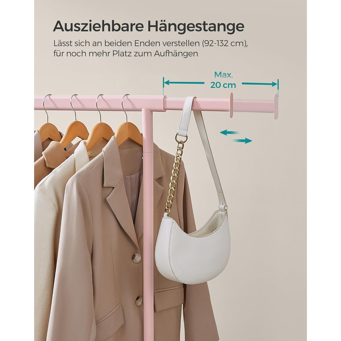 SONGMICS Стійка для одягу на коліщатках, важка, висувна штанга, до 100 кг, рожева HSR013R01, 92-132 см