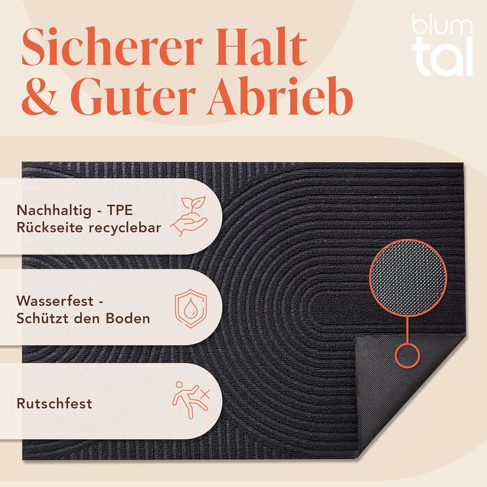 Килимок для дому Blumtal 40x60 см - антиковзаючий, для входу, з візерунком, поліестер, сірий