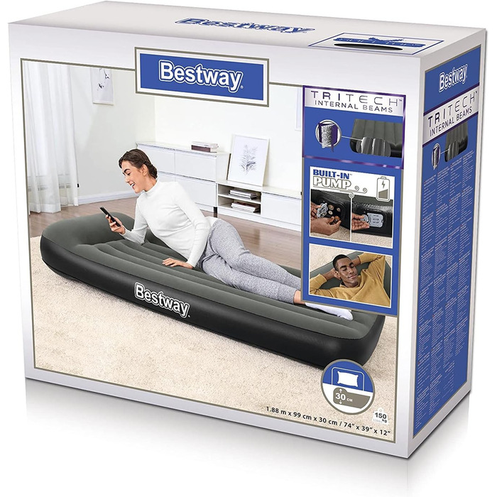 Надувний матрац Bestway TriTech XL з вбудованим насосом, сірий 191x97x30 см (1067929)