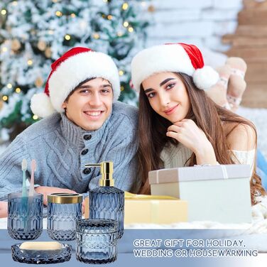 Набір аксесуарів для ванної кімнати 5 предметів, чорний дозатор для мила та лосьйону, мильничка, підставка для зубних щіток, стаканчик, склянка для ватних паличок, прозорий скляний бокс (Синій)