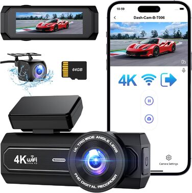 Відеореєстратор Chortau 4K+1080P з WiFi, 64GB, паркувальний режим, Super Night Vision, WDR, 170° та G-Sensor, чорний