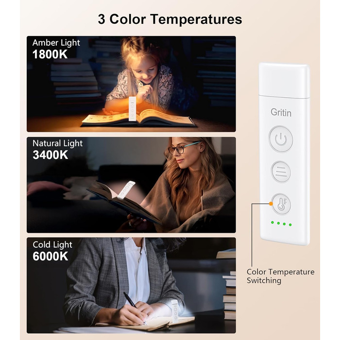 LED лампа для читання Gritin з USB-C, кріплення-прищіпка, регулювання яскравості, 3 кольори, для книголюбів
